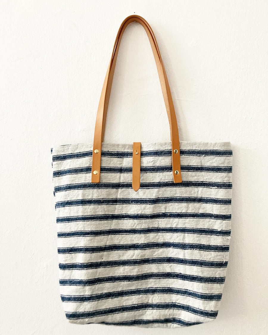 Blue-beige cotton canvas tote with leather straps