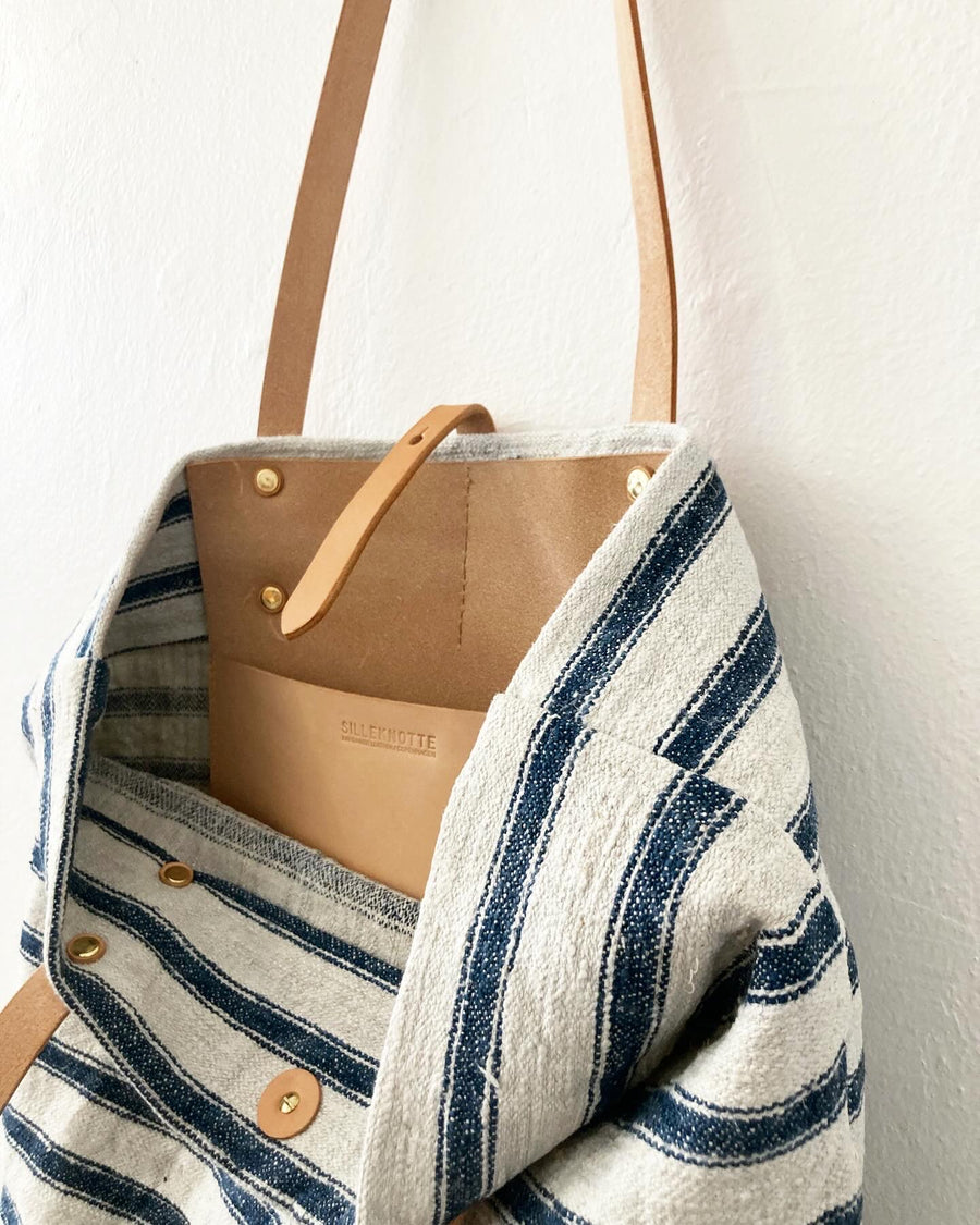 Blue-beige cotton canvas tote with leather straps