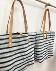 Textile tote - blue-beige cotton with leather straps