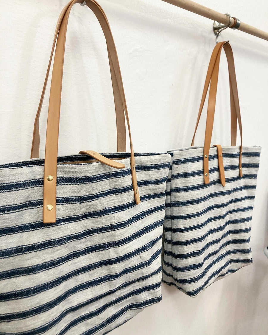 Blue-beige cotton canvas tote with leather straps