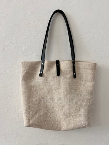 Beige hemp tote with leather straps