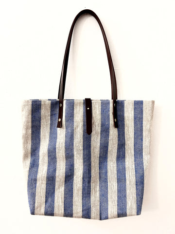Blue-beige linen tote with leather straps