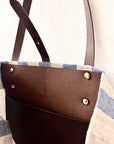 Textile tote - blue-beige linen with leather straps