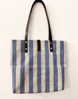 Textile tote - blue-beige linen with leather straps