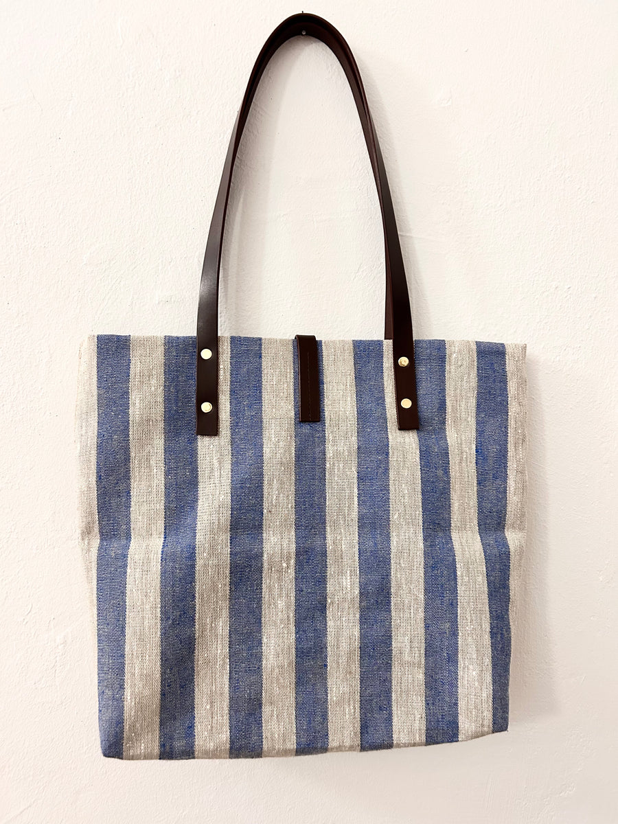 Blue-beige linen tote with leather straps