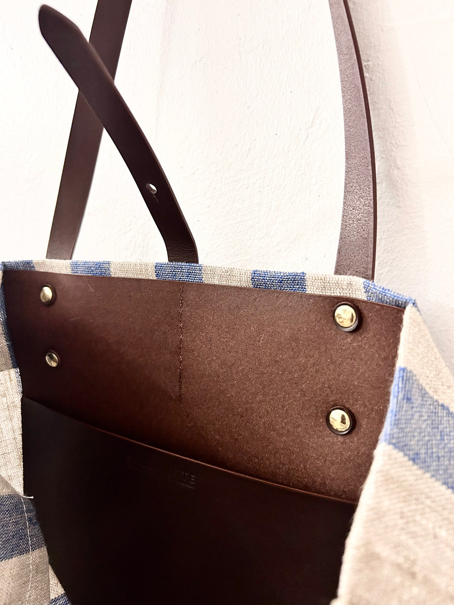 Blue-beige linen tote with leather straps