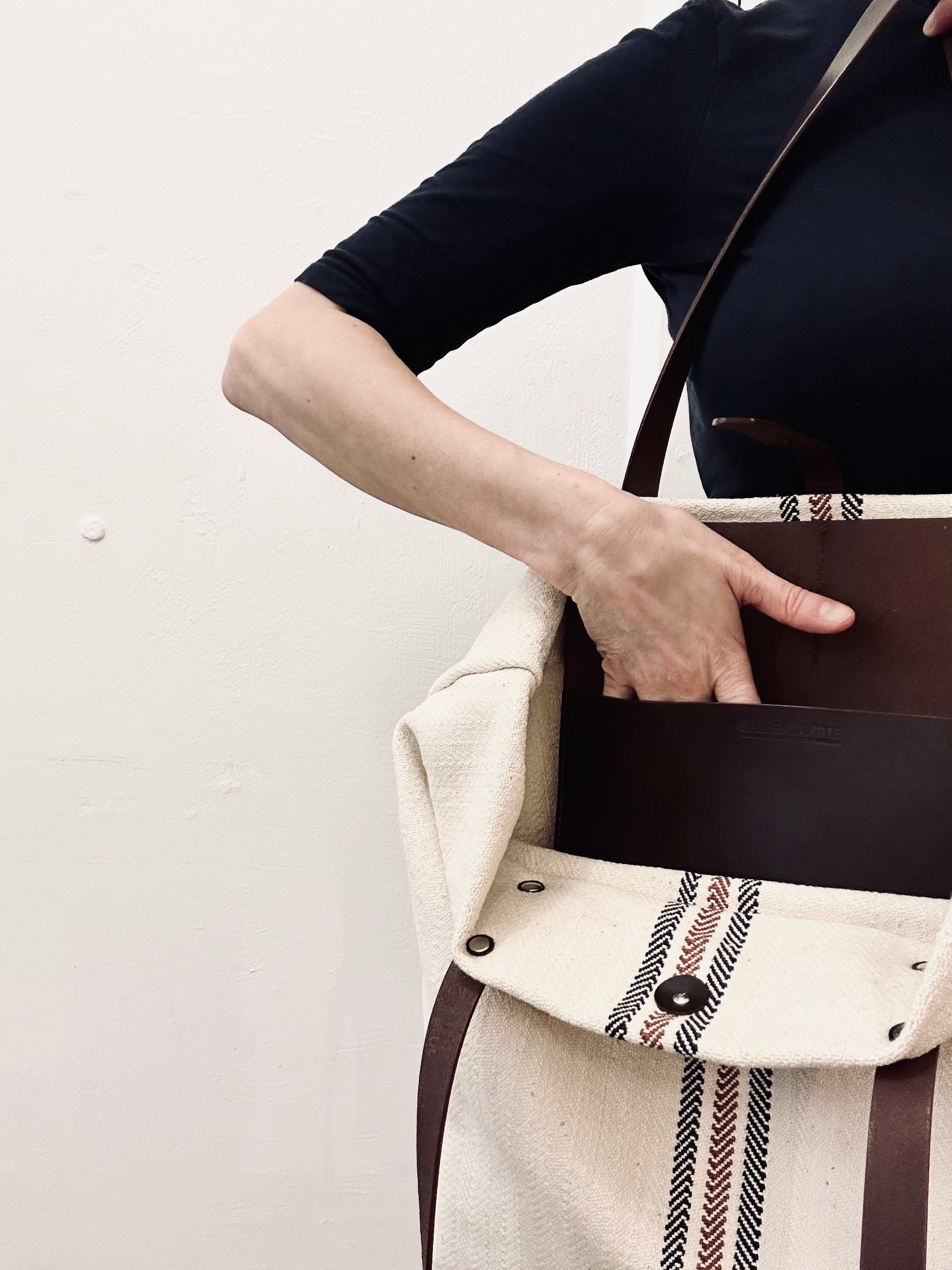 Tote - beige hamp med læderremme