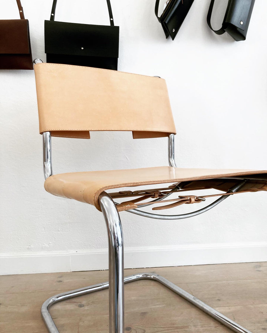 VINTAGE S33 CANTILEVER CHAIR IN NATURAL HARNESS LEATHER BY MART STAM FOR THONET